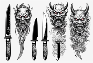Knife with Japanese demon coming out of the blade tattoo idea