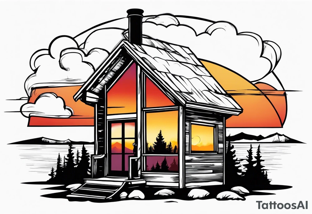 cabin chimney smoke "Hutting Est. 2004" friends sunset tattoo idea