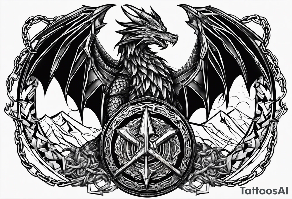 Valhalla sword shield dragon axe Valknut barbed wire chains tribal tattoo idea