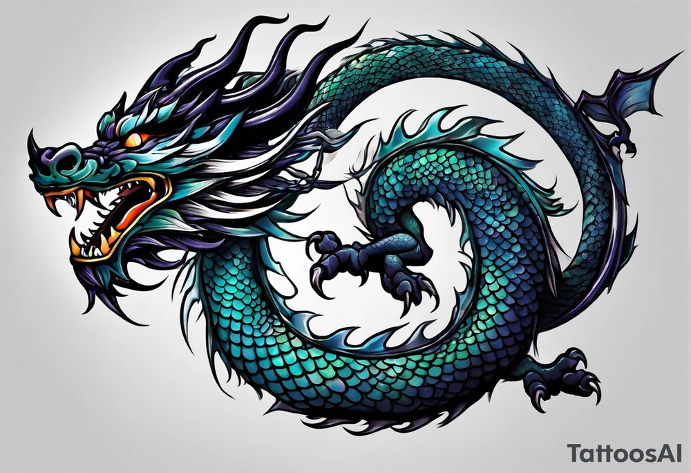 An epic floating asian dragon. Its long body coiling dynamically, with scales and horns detailed to create a sense of movement and strength. The dragon's color is giving a vibrant depth and a mystical aura. This tattoo highlights the dragon’s fierce expression and sharp claws. tattoo idea