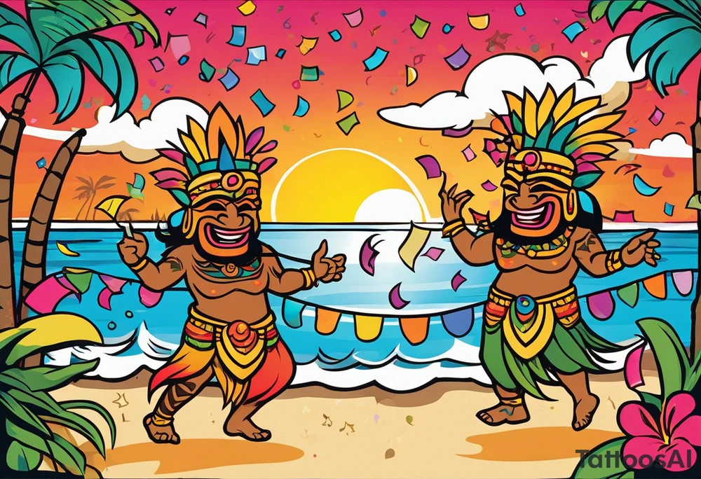 dancing tiki gods dance party on the beach with a sunset in the center of the image with confetti and music notes tattoo idea