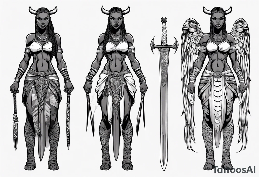 African female Viking valkyre angel full body 
slim long face small mouth long braided hair holding sword tattoo idea
