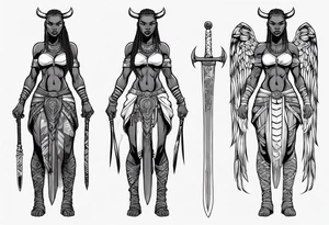 African female Viking valkyre angel full body 
slim long face small mouth long braided hair holding sword tattoo idea