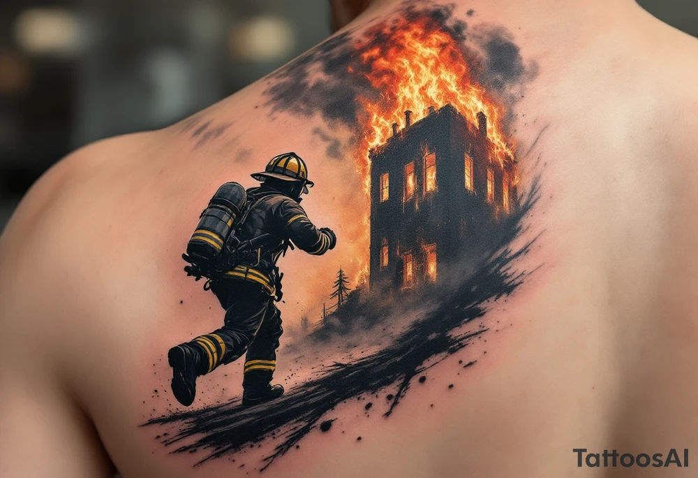 A firefighter running towards a burning building, with dramatic shading in deep oranges, blacks, and grays. tattoo idea