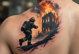 A firefighter running towards a burning building, with dramatic shading in deep oranges, blacks, and grays. tattoo idea