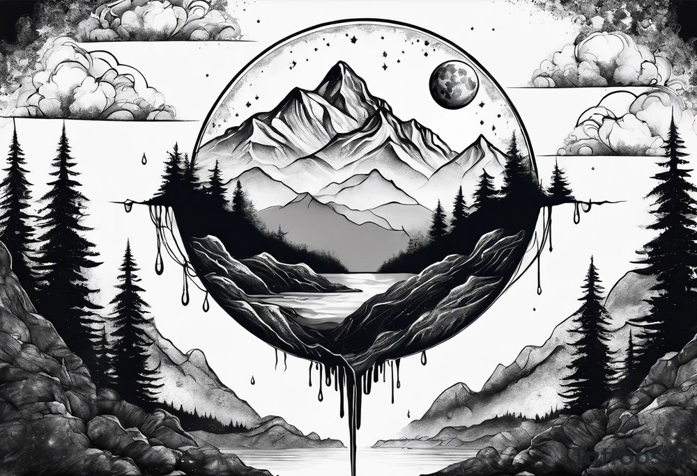 A world that is upside down with Mountains and a Dripping moon tattoo idea