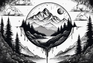 A world that is upside down with Mountains and a Dripping moon tattoo idea