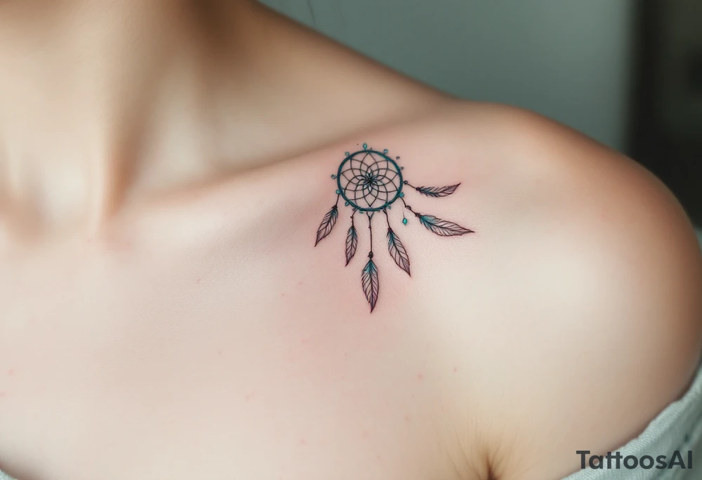 Verunka encircled by a light teal dreamcatcher, with tiny feathers. tattoo idea