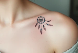 Verunka encircled by a light teal dreamcatcher, with tiny feathers. tattoo idea