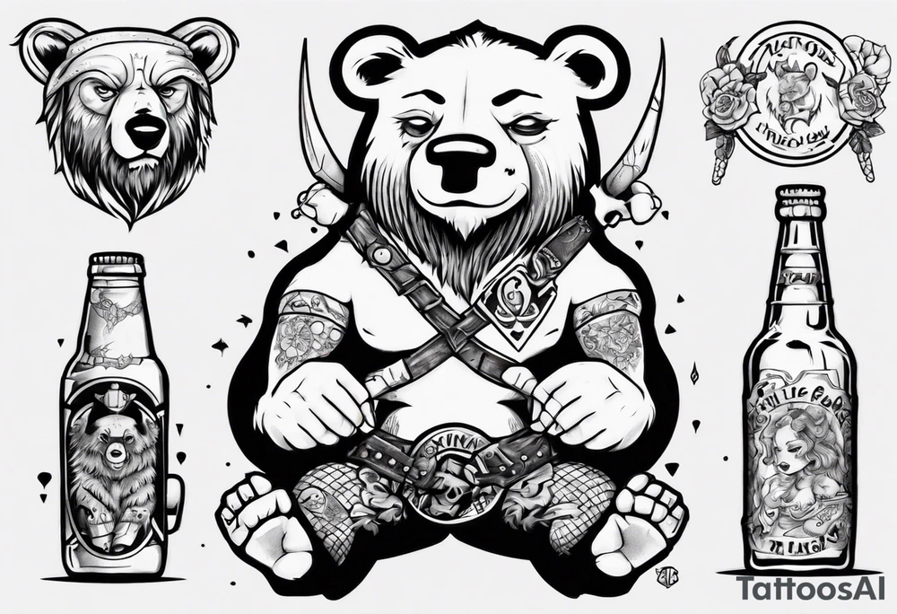 Viking and pin up doll drinking bear tattoo idea