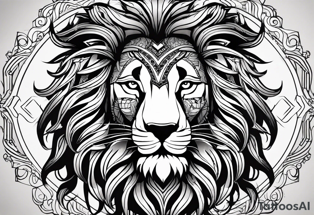 A lion designed with tribal patterns, using bold black lines that emphasize the contours of the lion's face and mane. This style can incorporate cultural significance and artistry. tattoo idea