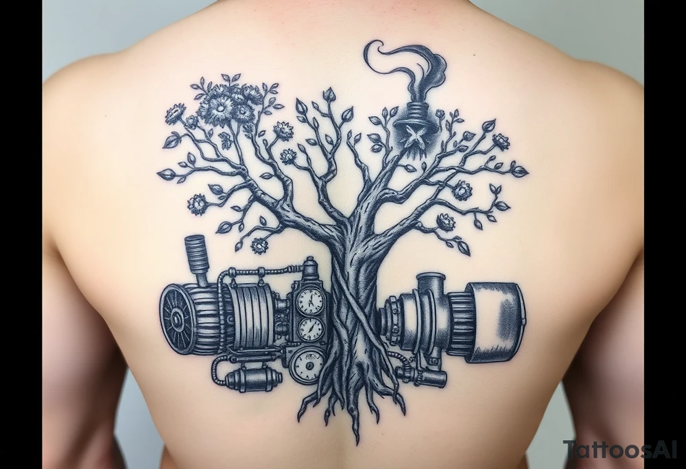 tree growing out of a v shaped engine with lots of pipes, guages and steam around the engine 
 with a smoke stack coming out of the top 
 billowing black smoke as if the tree and engine were a flying machine flying through the air 
 with a steam punk vibe tattoo idea