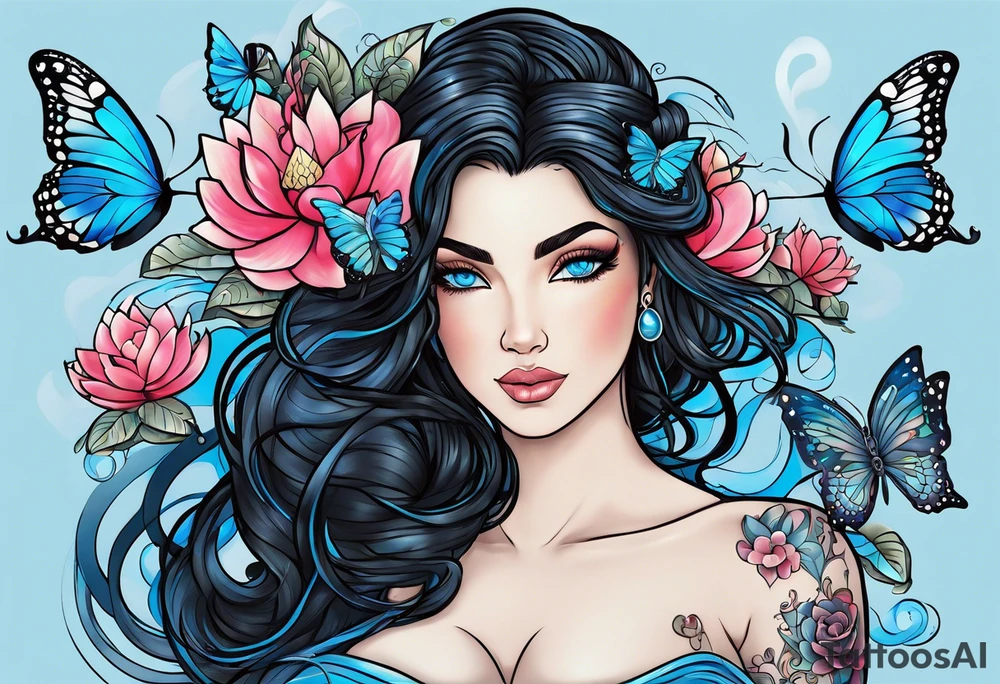 Black hair, ocean blue eyes aphrodite with hearts and water lilies surrounded with butterflies around with names “Zane”, “Nate”, “Jaiden” tattoo idea