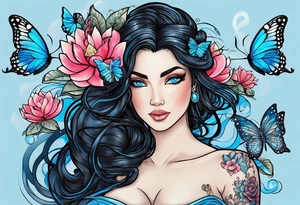 Black hair, ocean blue eyes aphrodite with hearts and water lilies surrounded with butterflies around with names “Zane”, “Nate”, “Jaiden” tattoo idea