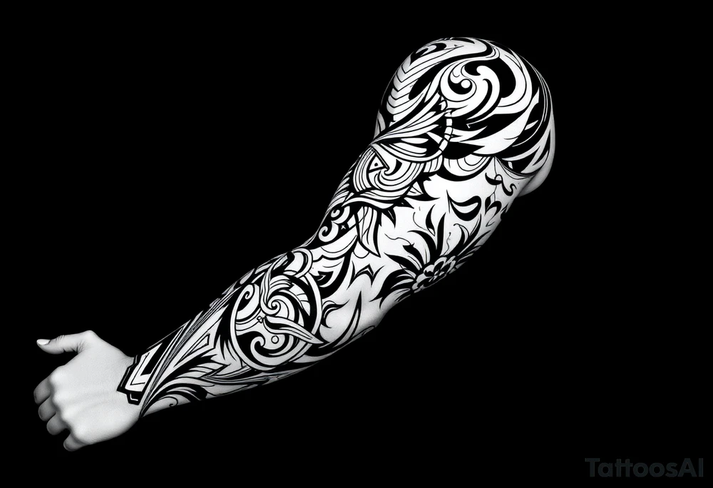 Full sleeve with Sicilian and tribal aesthetics tattoo idea