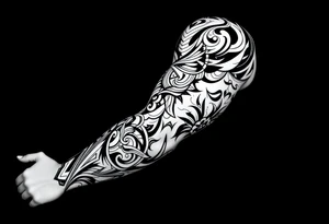 Full sleeve with Sicilian and tribal aesthetics tattoo idea