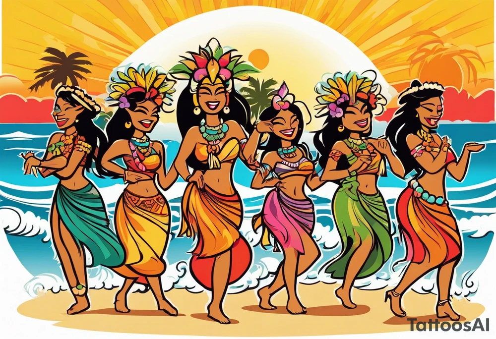 dancing tiki gods with sexy hula women having a dance part on the beach with a sunset in the center of the image with tiki gods tattoo idea