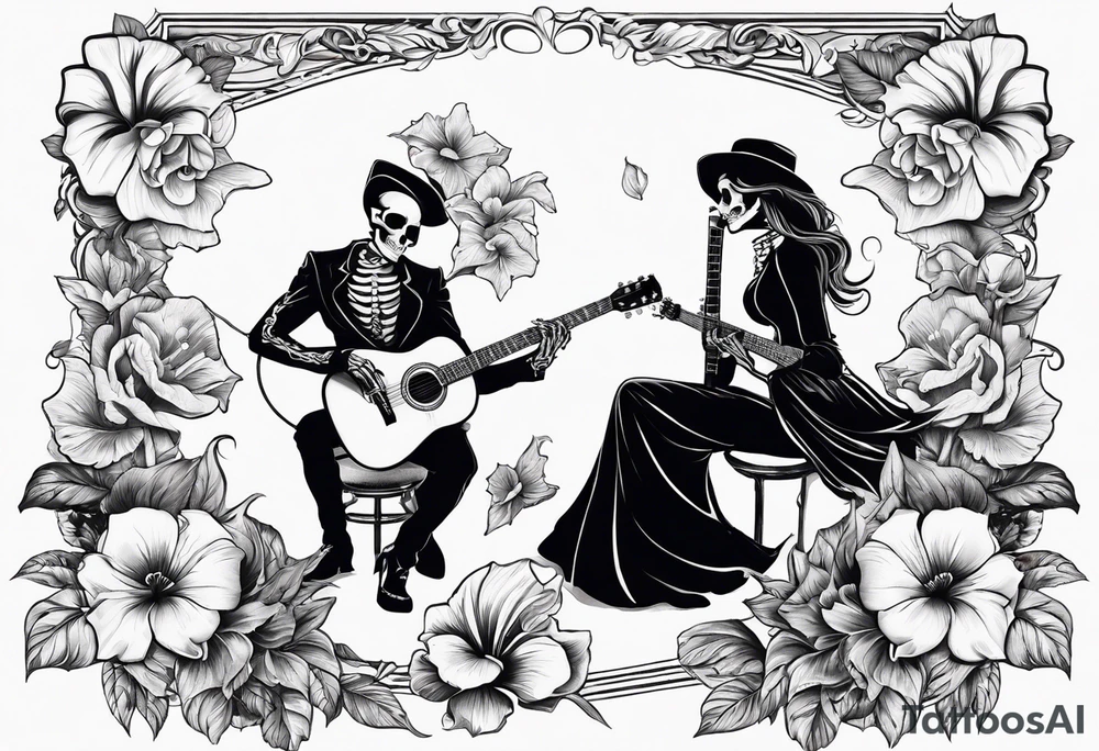 a female skeleton with hibiscus flower listening to a male skeleton play guitar . western style tattoo idea