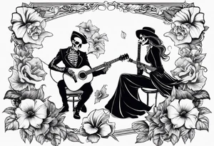 a female skeleton with hibiscus flower listening to a male skeleton play guitar . western style tattoo idea