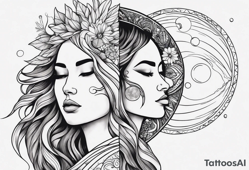 single face 
half of the face is a woman representing the sun, and the second half is a man representing the moon. The sun has a lake, and the moon has a desert nose. They are the same. tattoo idea