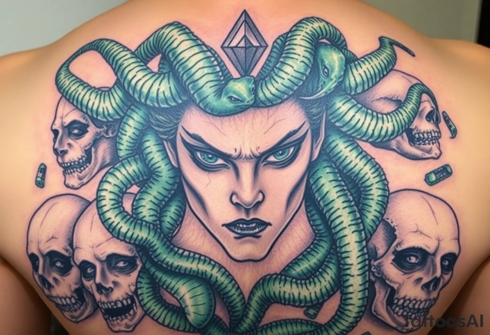 A detailed Medusa portrait with emerald-green serpents, her gaze hypnotic, surrounded by shattered stone faces of her victims tattoo idea