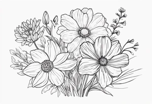 Narcissus, Chrysanthemum,
Cosmos, snow drop that shows all the flower stems for the back of the arm. Fine line. In a flower bouquet that you’ll find at a store. tattoo idea