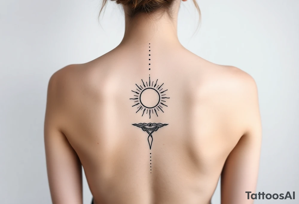 Fine line spine tattoo down the entire back with sun centered in the middle  and a bit of beach theme tattoo idea