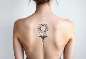 Fine line spine tattoo down the entire back with sun centered in the middle  and a bit of beach theme tattoo idea