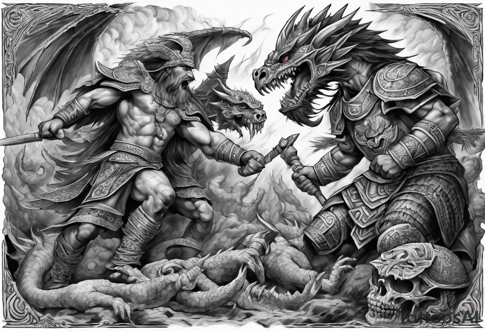 aztec dwarven warrior fighting against a dragon in the pits of hell tattoo idea