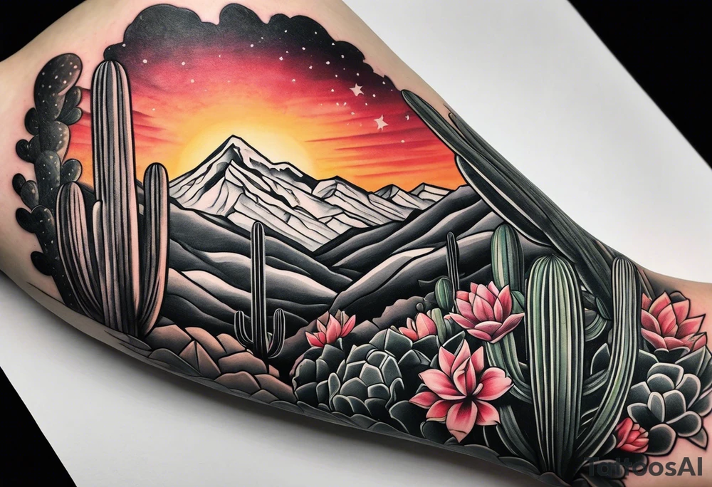 Forearm, cactus, sunset, mountain tattoo idea