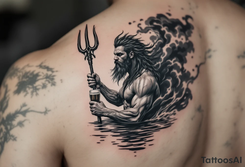 young, fit poseidon in calm water, behind a trident, holding a beer, with storm tattoo idea