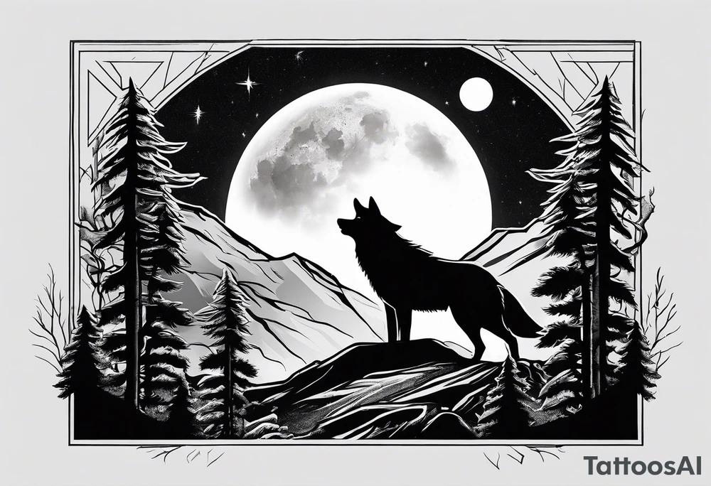 Mountain peaks
Two wolves
Moon
Dark woods
Trail tattoo idea