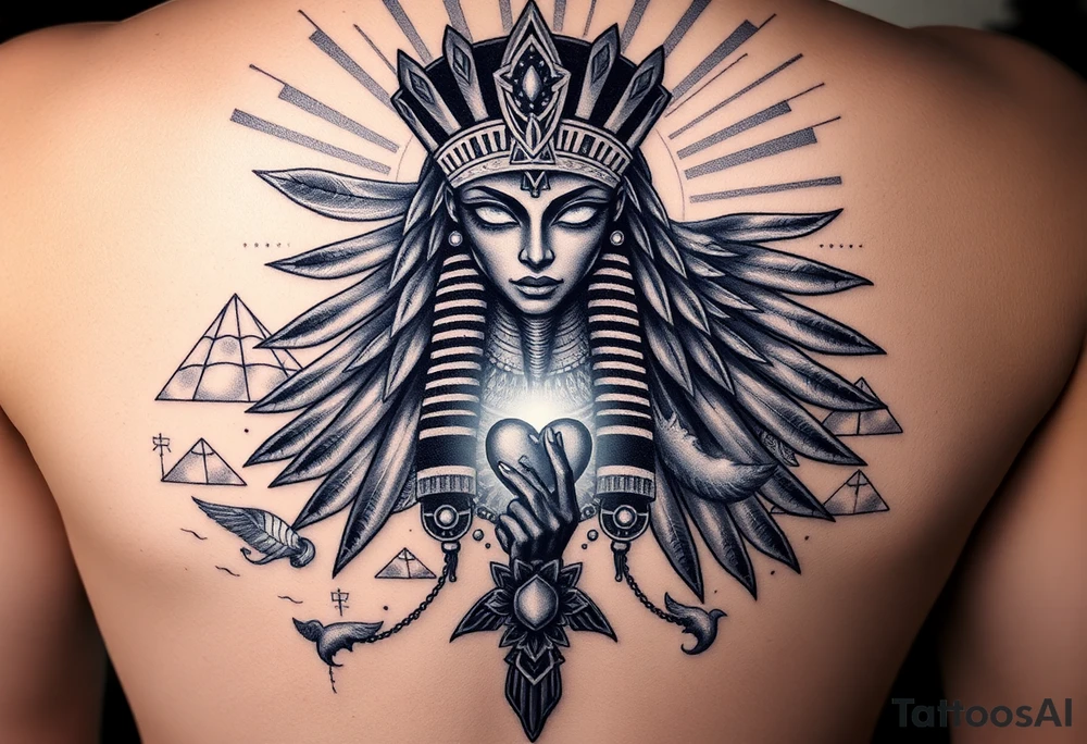 “Super realistic black and grey tattoo of the Egyptian goddess Ma’at, depicted as a regal woman with an ostrich feather headdress, intense glowing eyes, and intricate ancient Egyptian jewelry. She stands or floats amidst swirling cosmic energy and beams of light, with subtle hieroglyphics and pyramids in the background. Incorporate the Scales of Justice—one side holding a heart, the other Ma’at’s feather—glowing with ethereal energy. Emphasize dramatic lighting, deep shadows, and surreal, mystical atmosphere to match a sleeve with Anubis and cosmic motifs. Design should flow with existing sleeve art, using soft transitions and layered textures. tattoo idea
