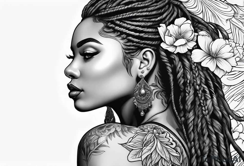 Woman with long locs side profile and flowers tattoo idea