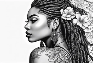 Woman with long locs side profile and flowers tattoo idea