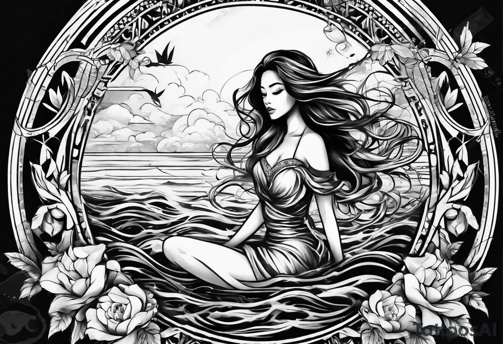 full body girl comfortably floating above water tattoo idea
