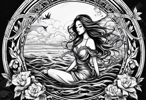 full body girl comfortably floating above water tattoo idea