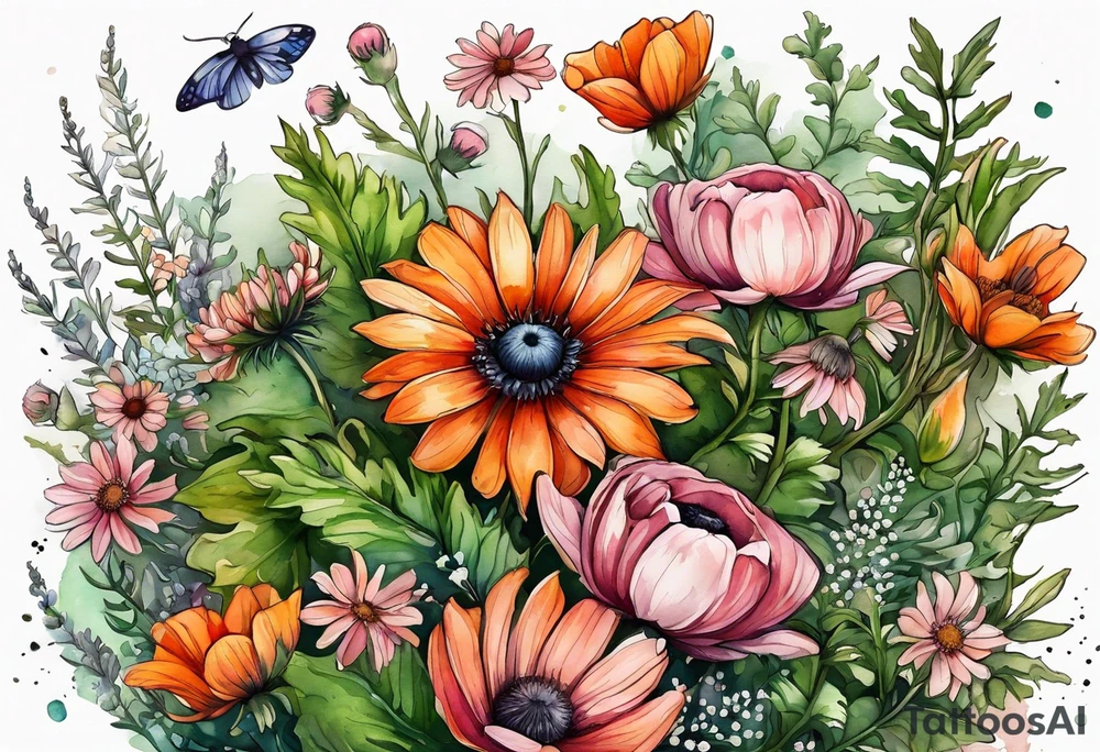 wildflowers with thistles, ferns, white anemones, sun flowers, orange flowers, green flowers, pink flowers, red flowers, babys breath and daisies all in watercolor tattoo idea