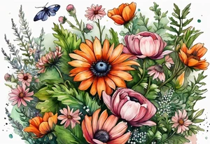 wildflowers with thistles, ferns, white anemones, sun flowers, orange flowers, green flowers, pink flowers, red flowers, babys breath and daisies all in watercolor tattoo idea