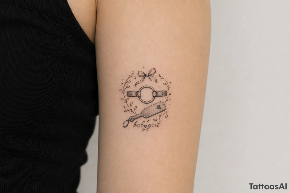 A tattoo for a submissive named babygirl, with a ring gag and a paddle. tattoo idea