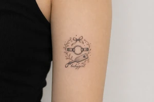 A tattoo for a submissive named babygirl, with a ring gag and a paddle. tattoo idea