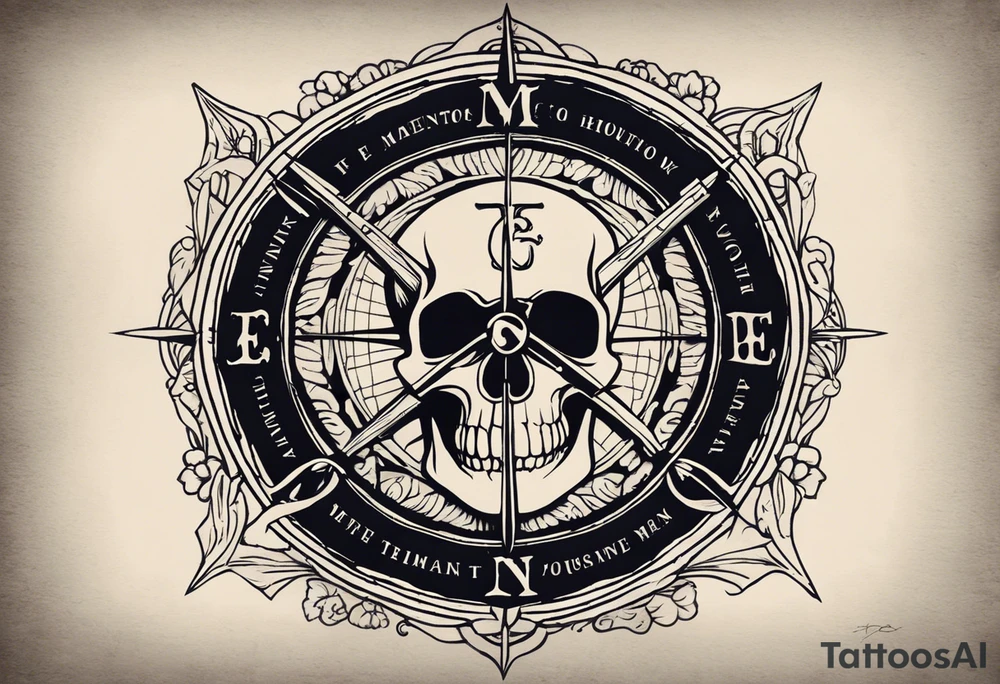I want it to be a half-sleeve to go from shoulder to elbow. The centerpiece would be the "Memento Mori" phrase in bold traditional lettering, with a skull and hourglass design representing death and the passage of time. Surrounding the Memento Mori design, incorporate a traditional nautical compass to symbolize guidance, adventure and your life's journey. Add nautical ropes, an anchor, and ocean waves to reinforce the seafaring theme. On the shoulder area, include traditional tattoo imagery of a guitar intertwined with roses to represent your love of rock music. The roses could have a skull design in the center to tie into the Memento Mori theme. On the elbow area, feature classic hot rod flames licking up the forearm in the traditional bold style. You could include piston designs or other car elements within the flames. tattoo idea