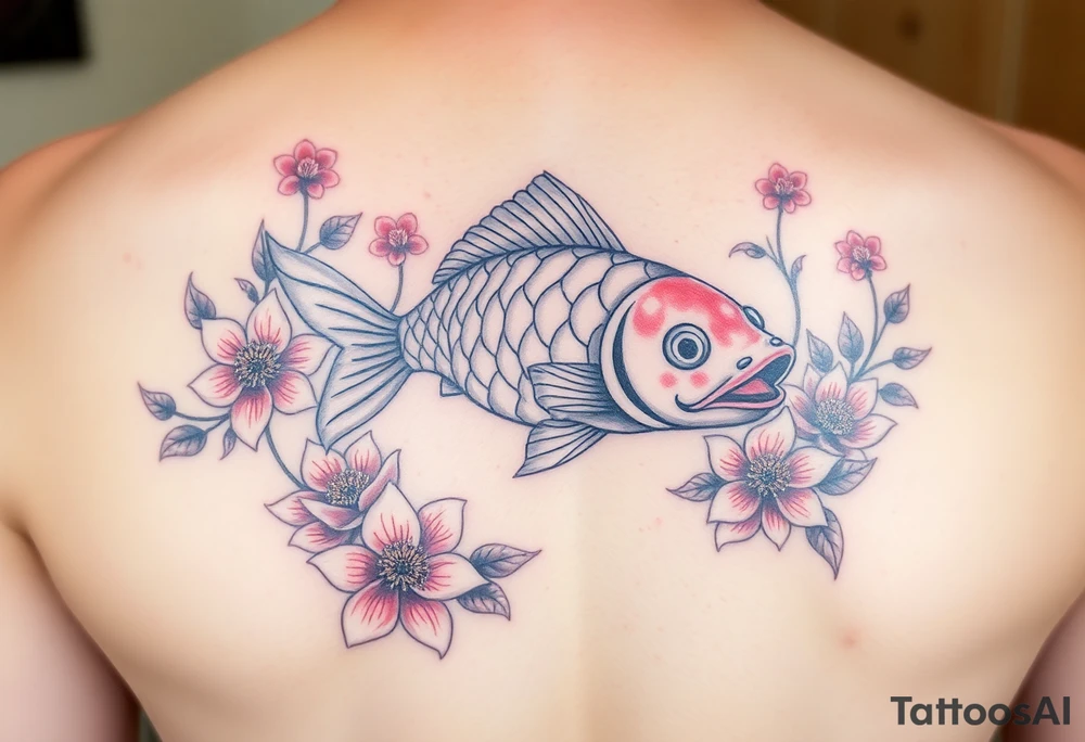 Cherry blossoms and lotus flowers surrounding a big bright coy fish tattoo idea