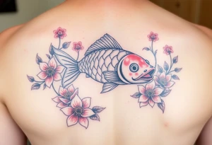 Cherry blossoms and lotus flowers surrounding a big bright coy fish tattoo idea