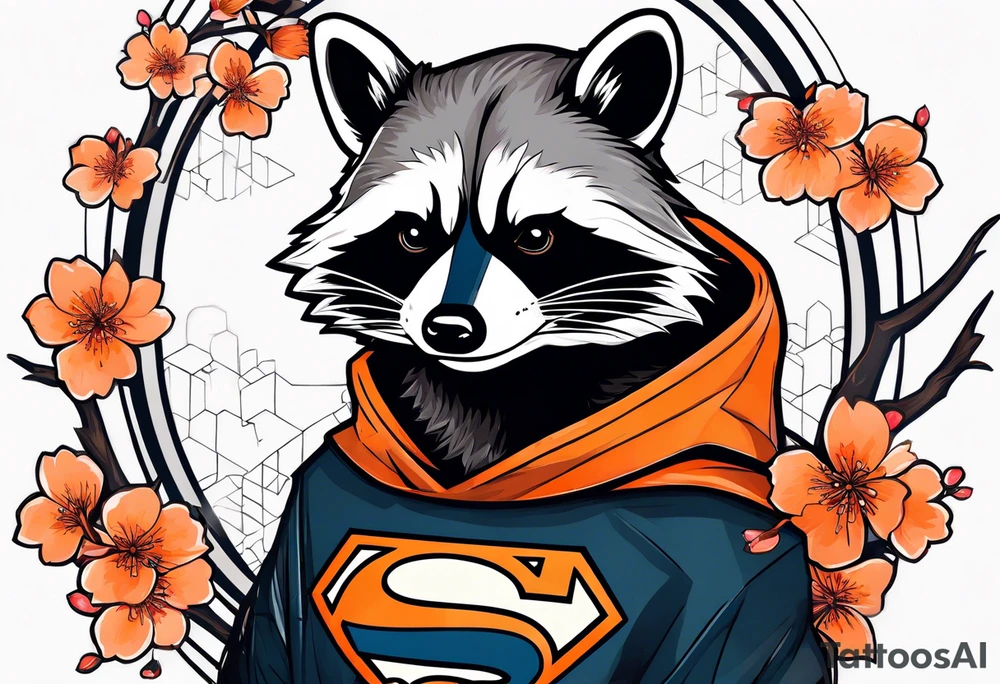 Raccoon wearing a white Superman logo on a black hoodie and orange Japanese cherry blossoms beside tattoo idea