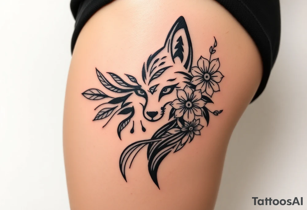 draw a fox with flowers hiper realistic skin tattoo idea
