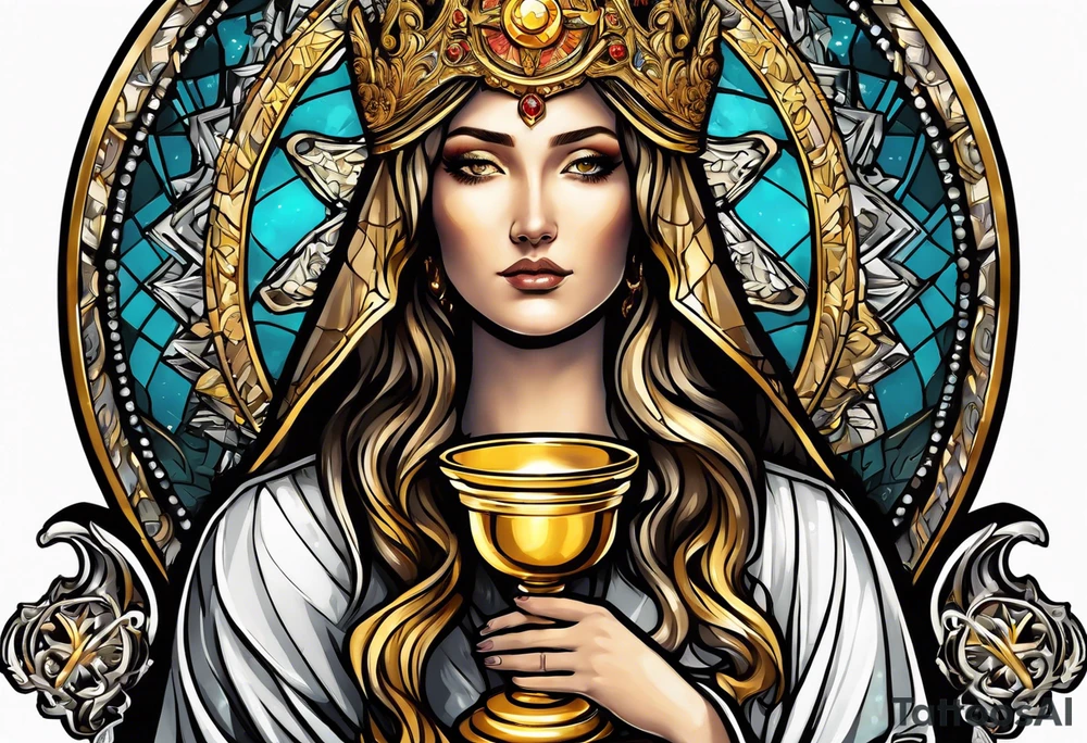 holy saint woman with golden halo holding a chalice tattoo idea