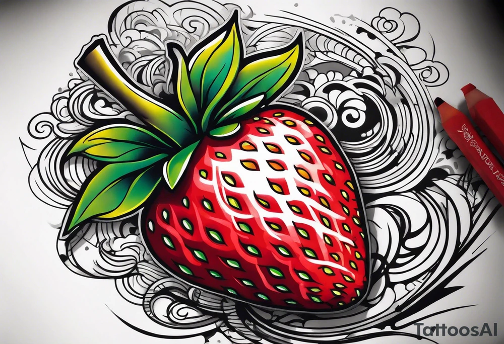 One Strawberry in a graffiti very surreal style tattoo idea