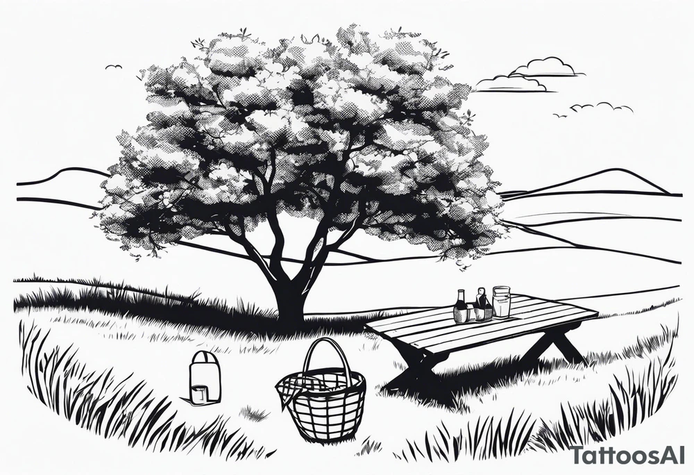 Very, very light and minimalstic picnic scene on meadow. A blanket, picnic-basket with lid, pennants in two trees. Thin lines. tattoo idea