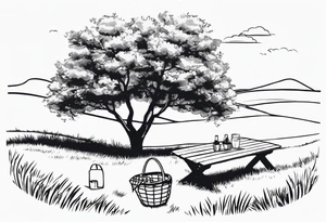 Very, very light and minimalstic picnic scene on meadow. A blanket, picnic-basket with lid, pennants in two trees. Thin lines. tattoo idea